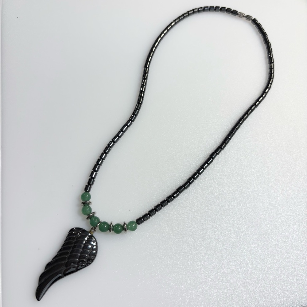 Vintage Hematite and Jade Stone Bead Barrel Closure Angel Wing Pendant Necklace